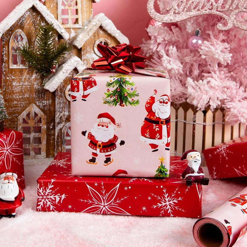 MAYPLUSS Christmas Wrapping Paper Roll - 17 Inch X 33 Feet - Cute Santa Claus Christmas Tree Reversible Strip Gift Wrapping Paper, Thick Wrap Paper for Holiday Party New Year Kids - Image 3